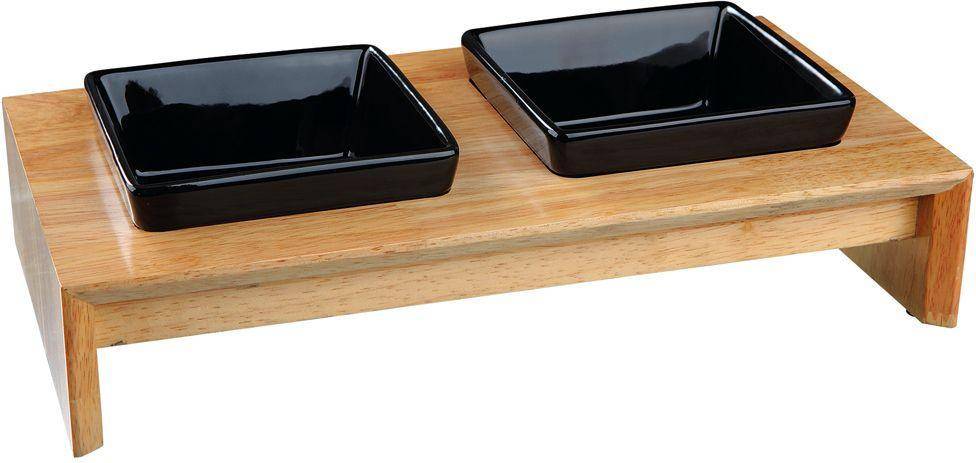Trixie Voerset Keramiek Met Houten Onderstel Zwart 200 ML 28X15X5 CM